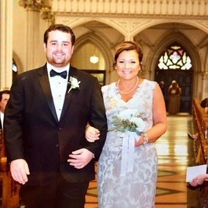 Tadashi Shoji Taupe, Cream Lace Overlay Gown